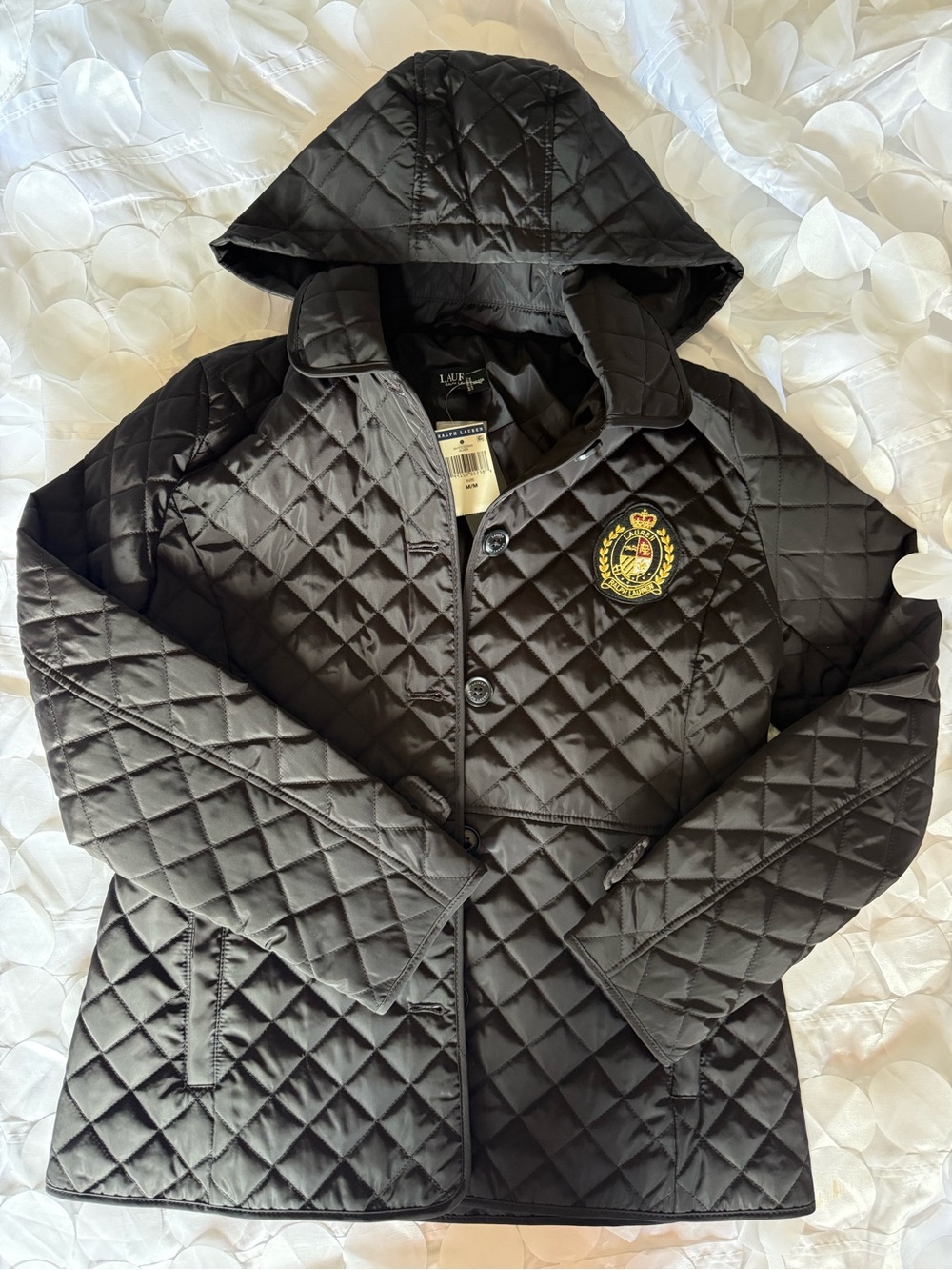 Ralph Lauren Black Quilted Hooded Jacket with Crest